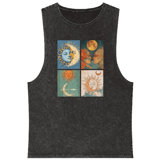 Moon and Sun Tarot Card Designed Look Mineral Wash Tank Tops