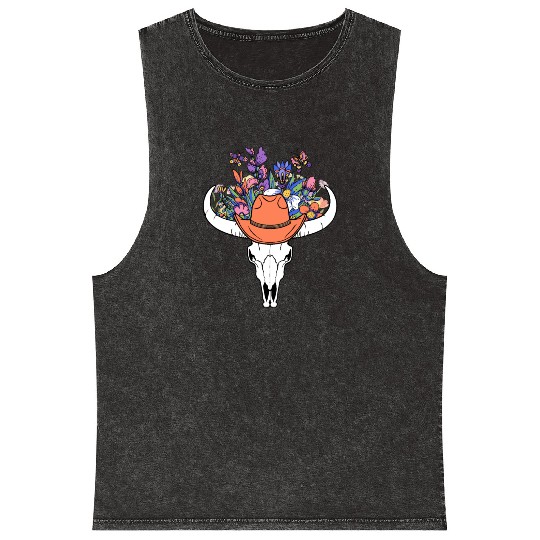 wildflower with Cow Skull blooming Mineral Wash Tank Tops
