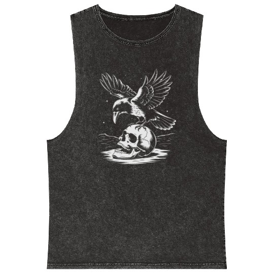 Raven on Skull Gothic Halloween Mineral Wash Tank Tops