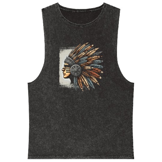 Aztec Warrior Mask with Tribal Art and Ancient Mineral Wash Tank Tops