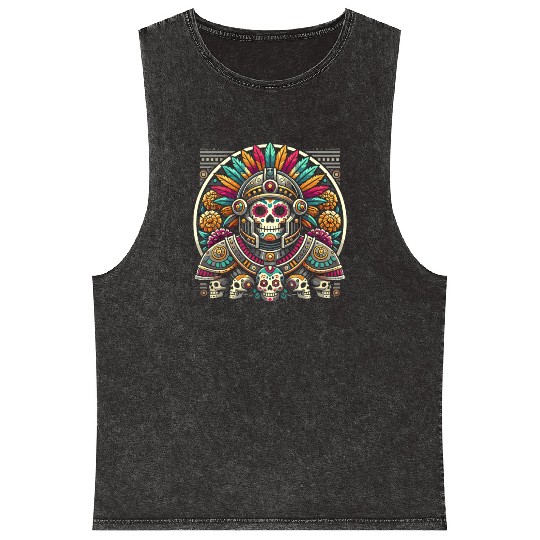 Aztec Warrior Mask with Tribal Art and Ancient Mineral Wash Tank Tops
