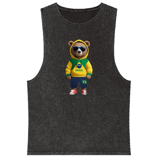 Cool Brazil Bear: The Ultimate Soccer Fan Mineral Wash Tank Tops