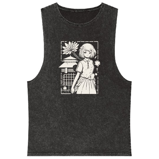 Japan: Sakura Girl Cartoon Mineral Wash Tank Tops