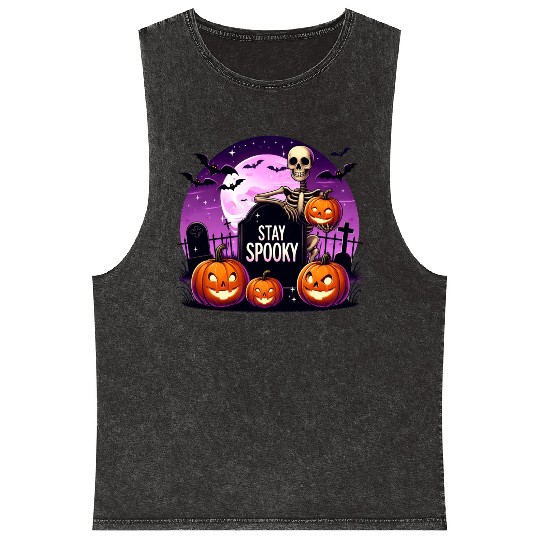 Stay Spooky Funny Cute Halloween Skeleton Pumkin Mineral Wash Tank Tops