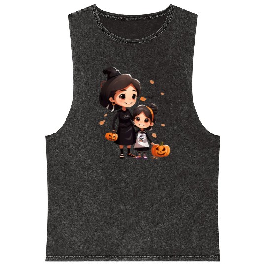 Mother and Daughter Halloween Trick-or-Treat Fun Mineral Wash Tank Tops