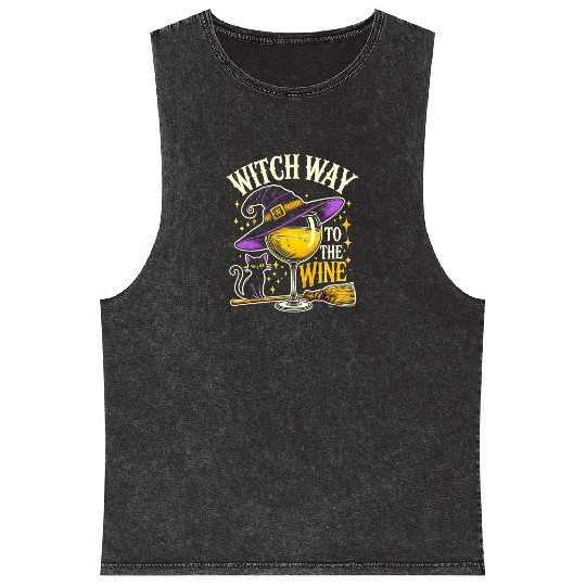 Halloween Witch Hat Wine Glass with Black Cat Mineral Wash Tank Tops