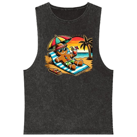Gingerbread Man Relaxing on the Beach Mineral Wash Tank Tops