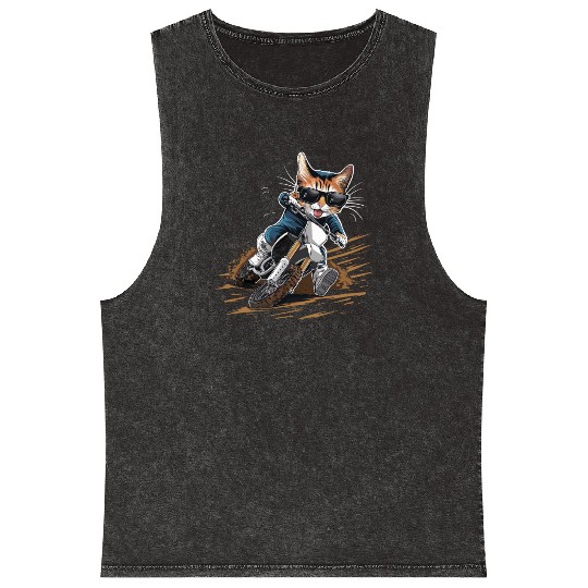 Cat Wearing Sunglasses Riding Dirt Bike Mineral Wash Tank Tops