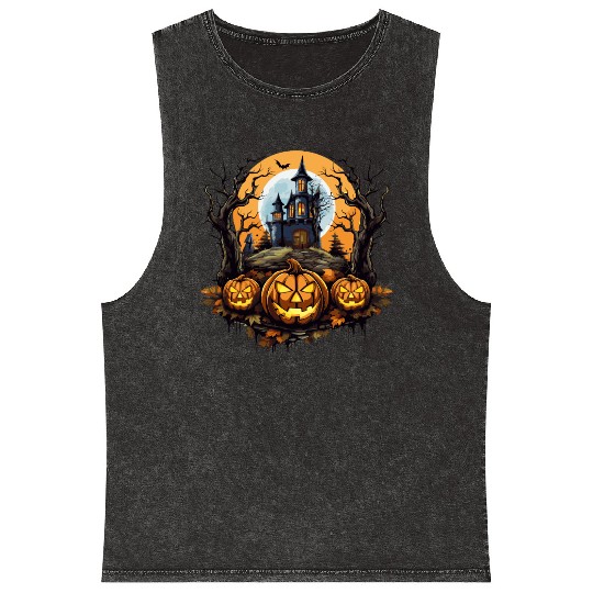Spooky Haunted House Halloween Witches Pumpkin Mineral Wash Tank Tops
