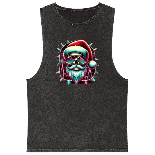 Neon Santa Skull City Lights Christmas Mineral Wash Tank Tops