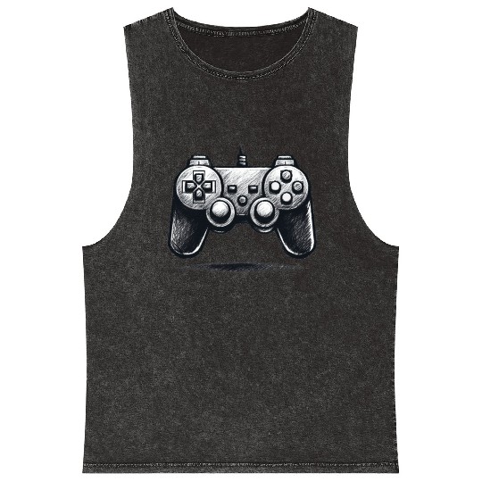 Gamer Controller Cartoon Charcoal Gaming Art Mineral Wash Tank Tops