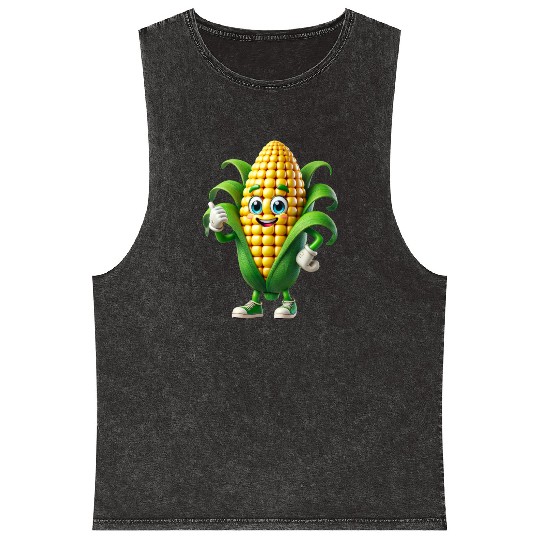 Happy Corn Cartoon Mascot Character Mineral Wash Tank Tops