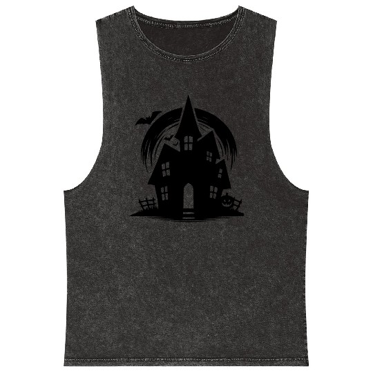Bat Full Moon Haunted House Halloween Tattoo Mineral Wash Tank Tops