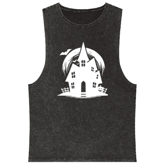 Bat Full Moon Haunted House Halloween Tattoo Mineral Wash Tank Tops