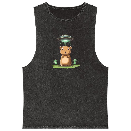 Funny Graphic Mineral Wash Tank Tops Capybara Selfie With Ufos Weird
