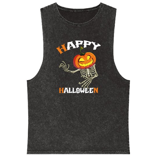 Trick Or Treat Happy Halloween Pumpkin Skeleton Mineral Wash Tank Tops
