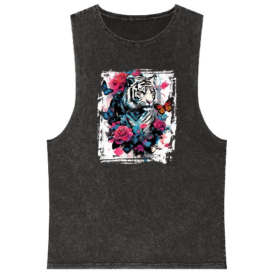Majestic tiger with butterflies and roses Mineral Wash Tank Tops