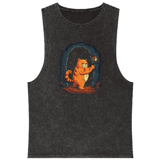 Funny Chubby Red Dungeon Cat Mineral Wash Tank Tops