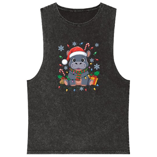 Cute Christmas Hippo - Holiday Lights and Gifts Mineral Wash Tank Tops