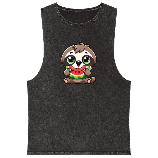 Sloth with watermelon cartoon summer vibes Mineral Wash Tank Tops