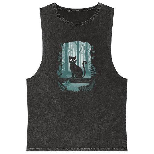 Cottagecore Black Cat In enchanting Forest Mineral Wash Tank Tops