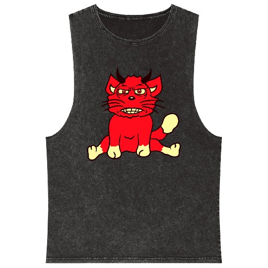 Demon Monster Cat Halloween Fun Horror Devil Horns Mineral Wash Tank Tops