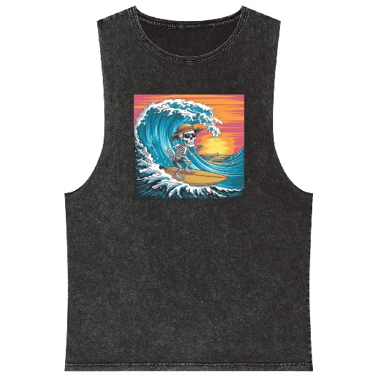 Surfing Skeleton Vibes Surfing Lifestyle Retro Mineral Wash Tank Tops