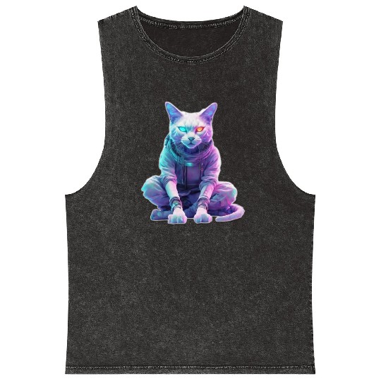 Futuristic Cyberpunk Cat Mineral Wash Tank Tops