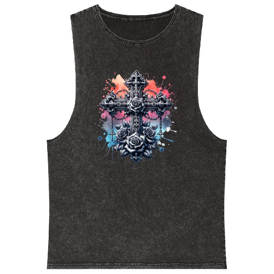 Gothic Collection - Crosses Roses Pastel B/ground Mineral Wash Tank Tops