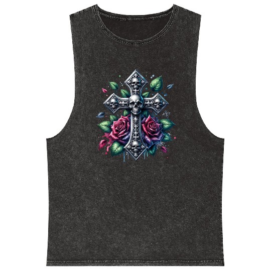 Gothic Collection - Cross, Skulls & Red Roses Mineral Wash Tank Tops