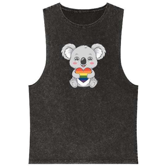 Cute Koala Holding Rainbow Heart LGTBQ Pride Mineral Wash Tank Tops