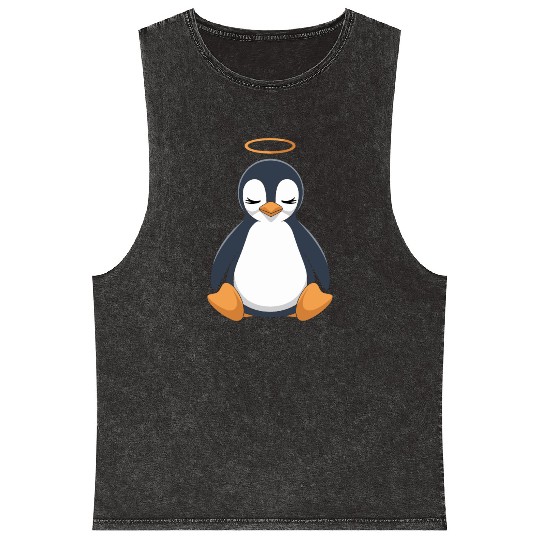 Peaceful Penguin with Halo Design Mineral Wash Tank Tops