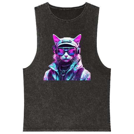 Mystical Cyberpunk Bad Cat Mineral Wash Tank Tops