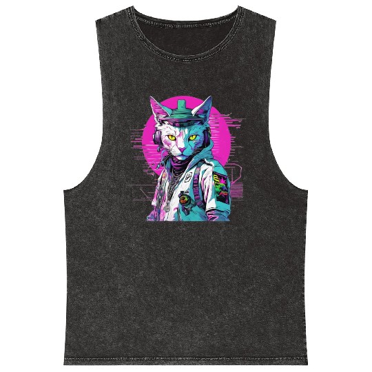 Neon Cyberpunk Warrior Cat Mineral Wash Tank Tops