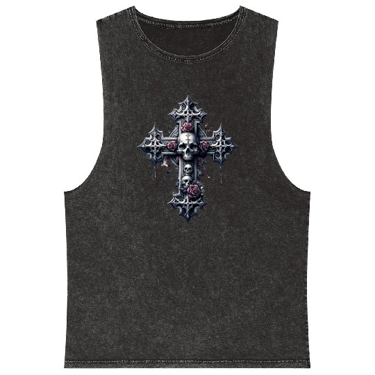 Gothic Cross Collection - Skulls and Red Roses Mineral Wash Tank Tops