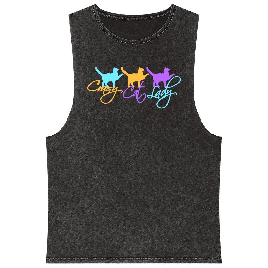 Crazy Cat Lady Text Love Saying Quote Weird Woman Mineral Wash Tank Tops