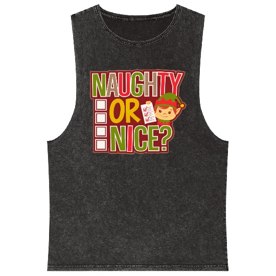 Playful Elf Naughty or Nice Holiday Fun Mineral Wash Tank Tops
