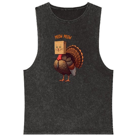 Turkey Funny Fake Cat Meow Thanksgiving Mineral Wash Tank Tops