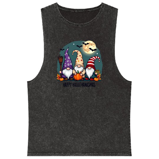 Happy Hallothanksmas Gnomes Celebration with Bats Mineral Wash Tank Tops