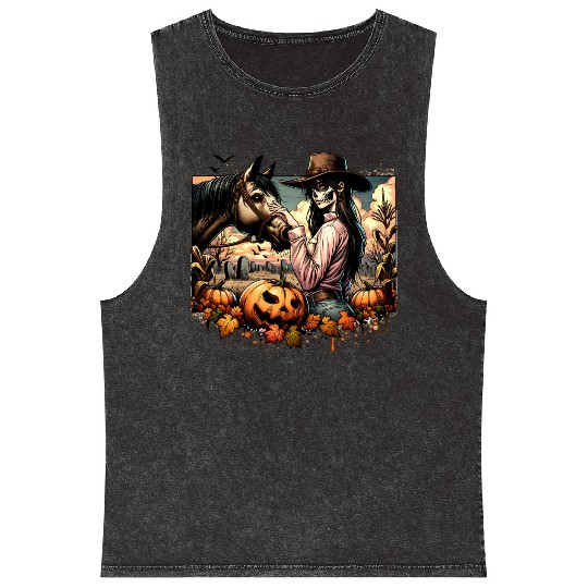 Haunting Cowgirl and Horse in Halloween Graveyard Mineral Wash Tank Tops