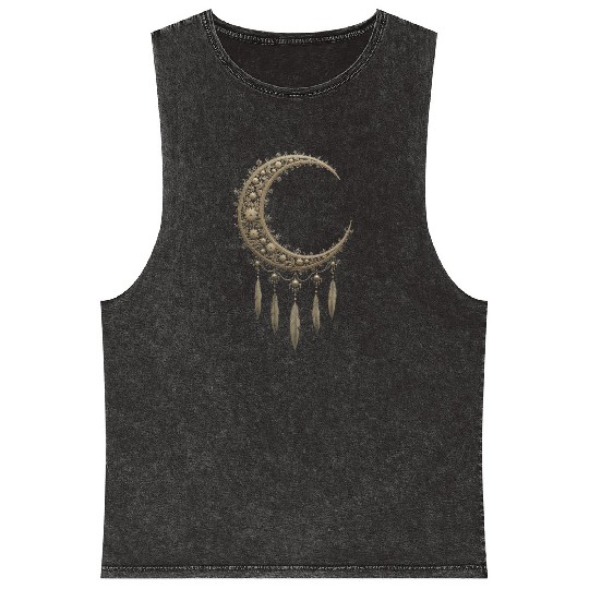 Elegant Moon With Feathers Mineral Wash Tank Tops
