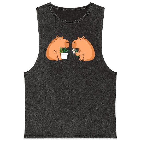 Cute Gardening Garden Capybara Flower Mineral Wash Tank Tops