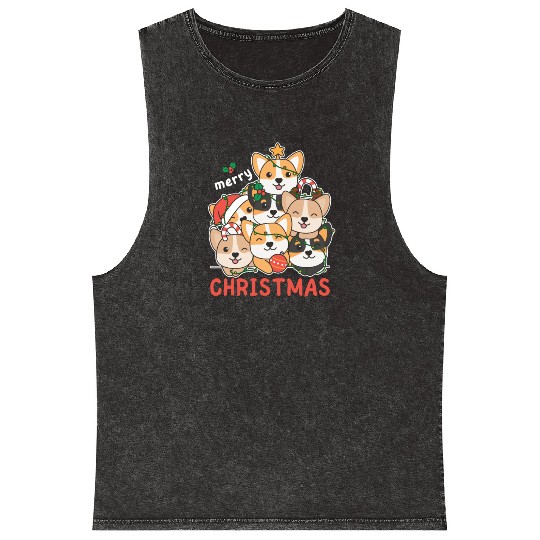 Corgi Christmas Tree Merry Christmas Mineral Wash Tank Tops