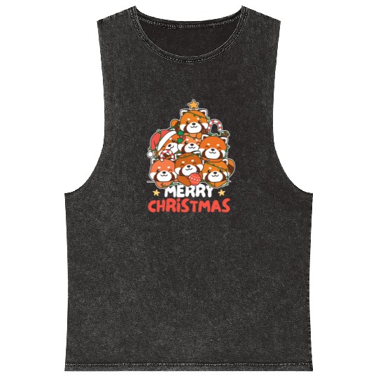 Red Panda Christmas Tree Merry Christmas Mineral Wash Tank Tops