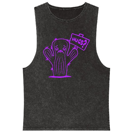 Funny Cactus Sad Face Hugs Sign Lonely Cry Comic Mineral Wash Tank Tops