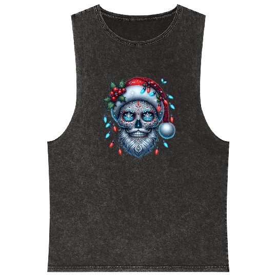 Festive Sugar Skull Santa Christmas Vibes Mineral Wash Tank Tops