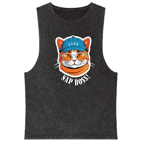 Cat Nap Boss with Cap and Sunglasses Mineral Wash Tank Tops