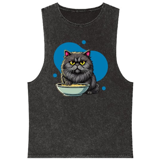 Persian Cat with Food Bowl - Adorable Cartoon Styl Mineral Wash Tank Tops