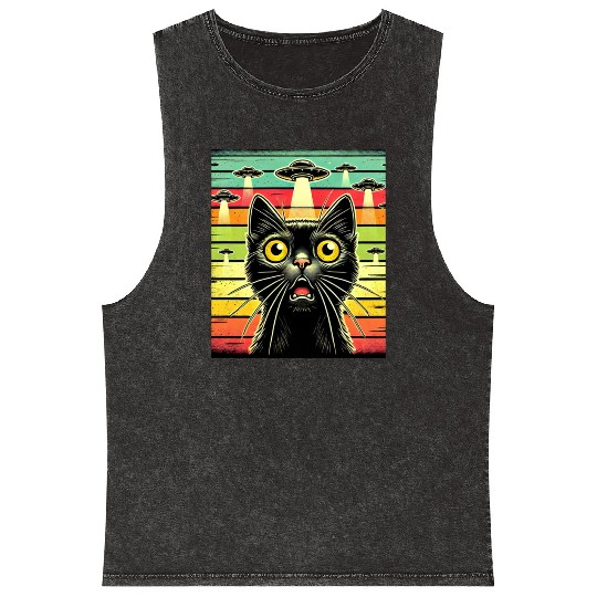 Fun Cat sunset Galaxy Cat Spaceship Alien Cat UFOs Mineral Wash Tank Tops