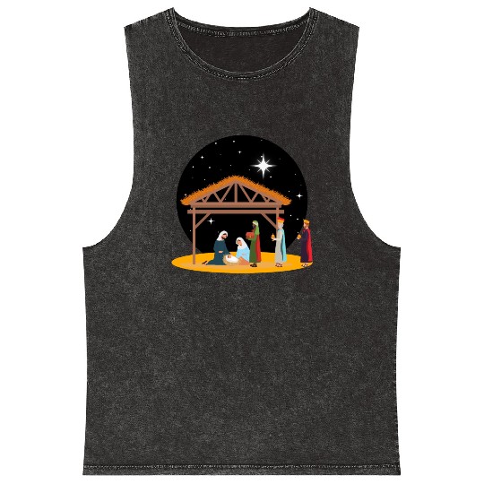 Christmas Holiday Manger Nativity Scene Mineral Wash Tank Tops
